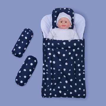 Cotton Printed Baby Carry Nest with Pillows-Blue & White