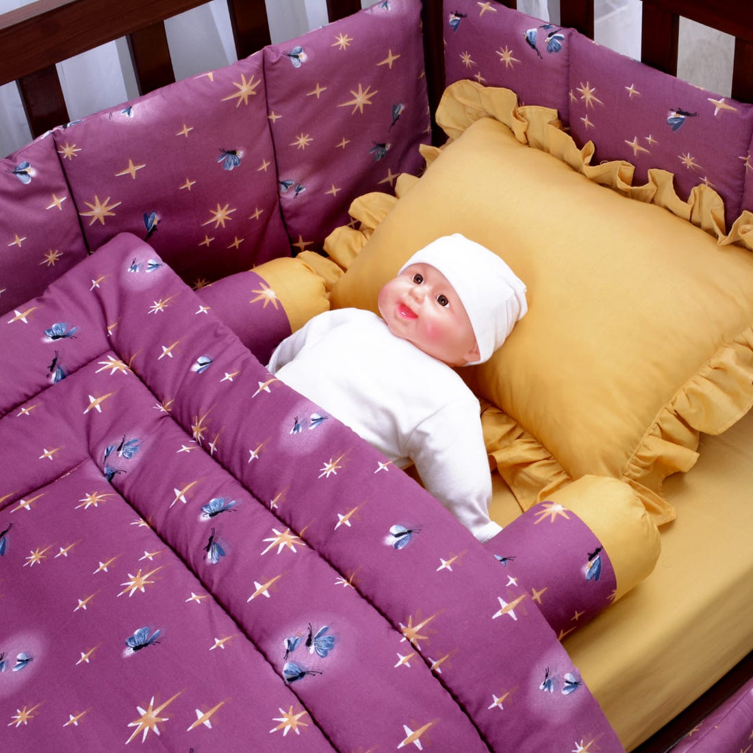 Printed Baby Cot Set-9 pcs-Golden Fireflies