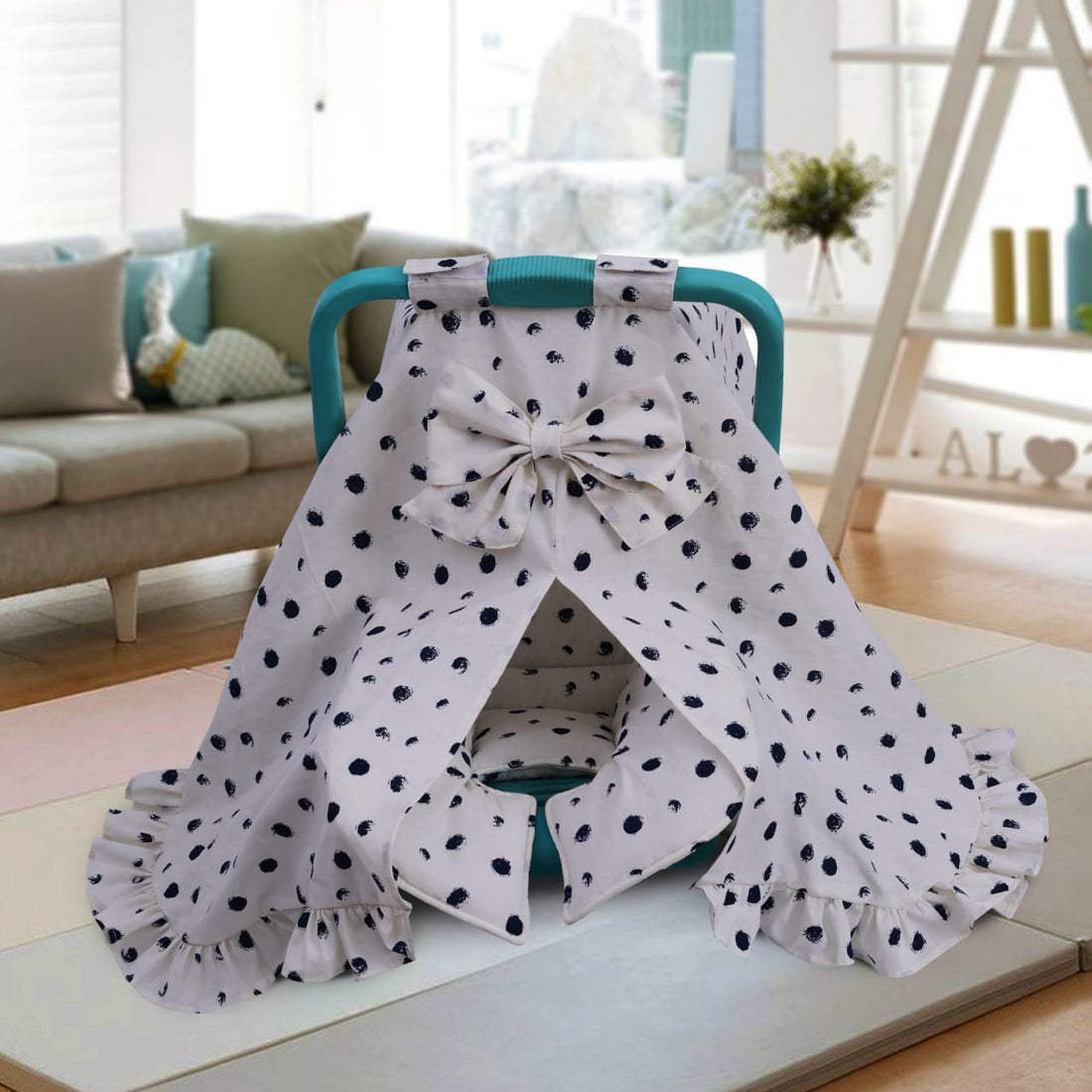 Cotton Stroller Cover and Cushion Set- White Bugs