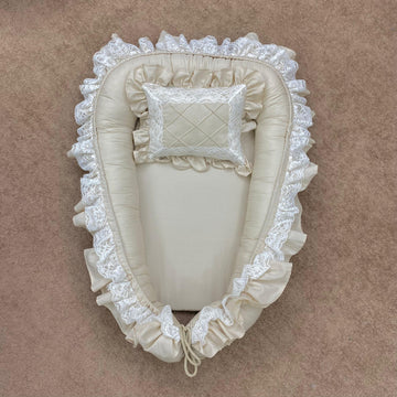 Luxury Frilly Baby Nest with frilly Pillow-Beige