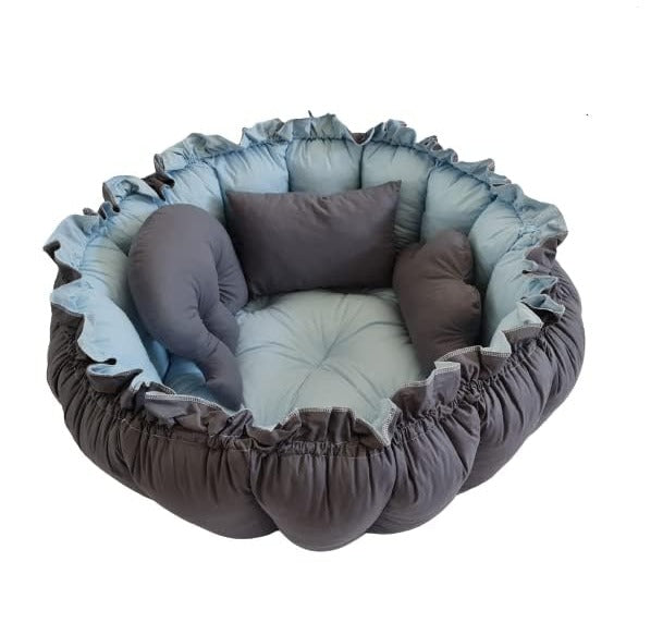 2 Tones Cotton Baby Round Cot with Pillow-Sky Blue & Dark Gray