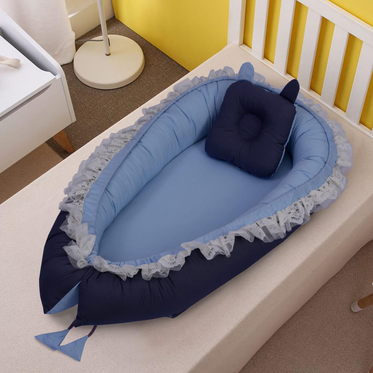 2 Tone Cotton Baby nest with Pillow- Blue & Navy Blue