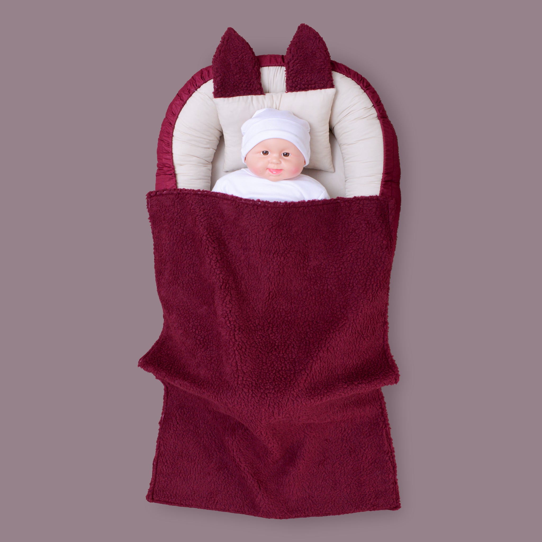 Cotton/Sherpa Baby Nest with Blanket and Pillow-Maroon & Beige