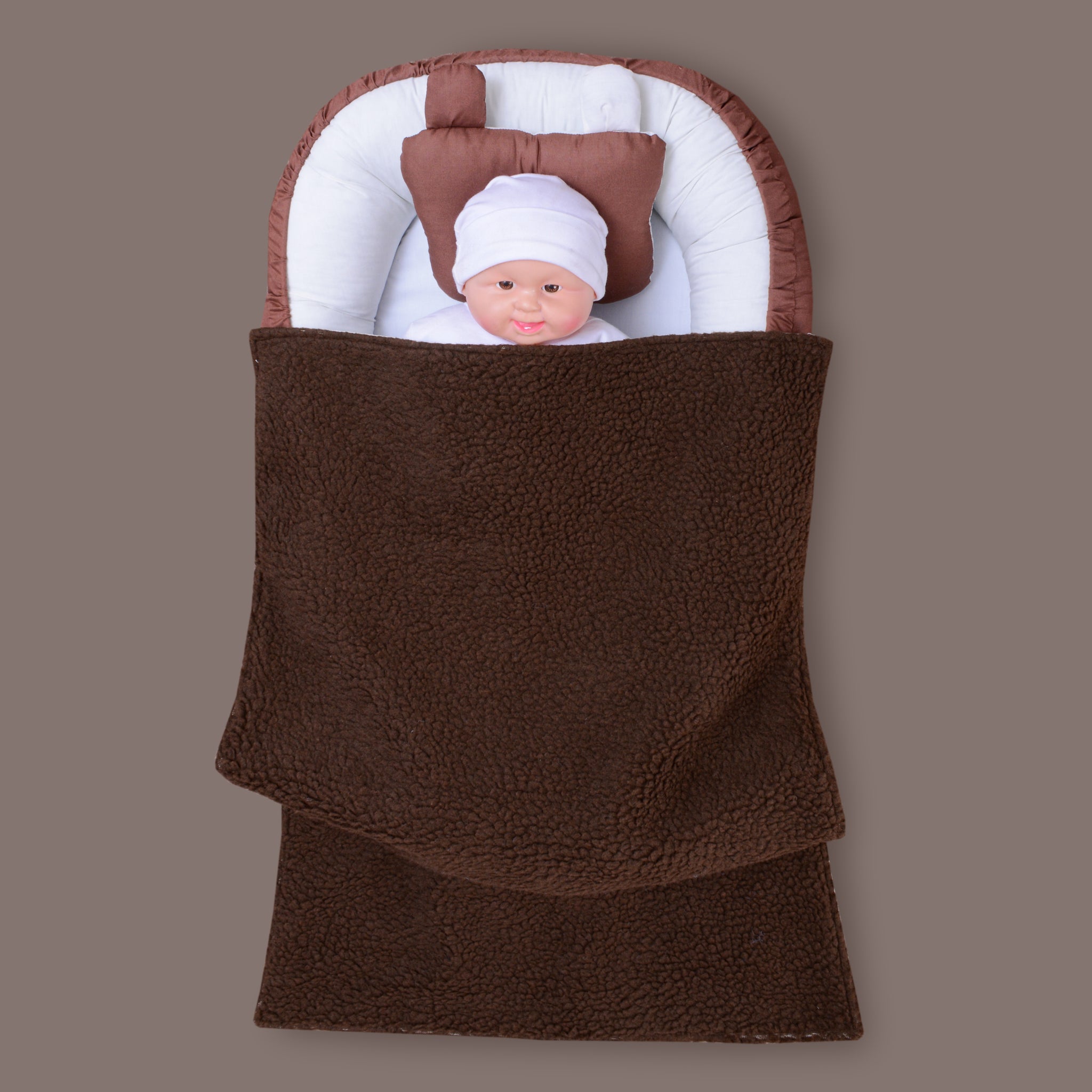 Cotton/ Sherpa Baby nest with Blanket and Pillow- Brown & off white