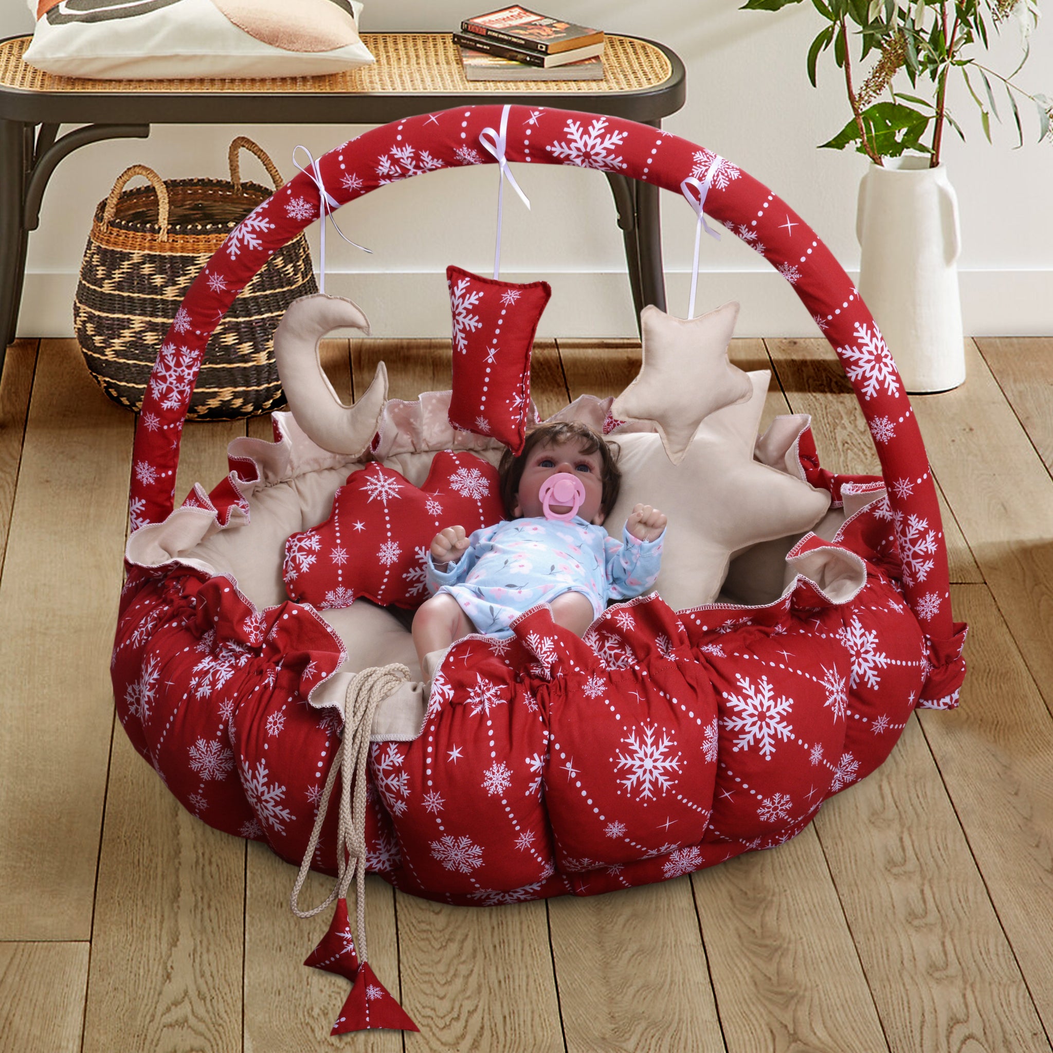 Printed Cotton Baby Round Cot with Pillows- Red Flowers