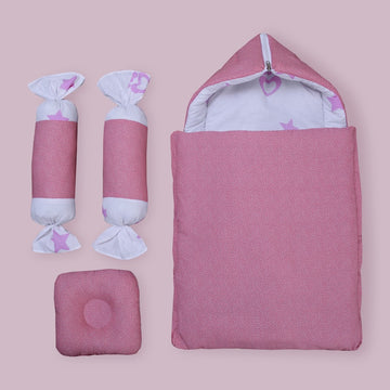 Cotton Printed Baby Carry Nest with Pillows- Pink & White