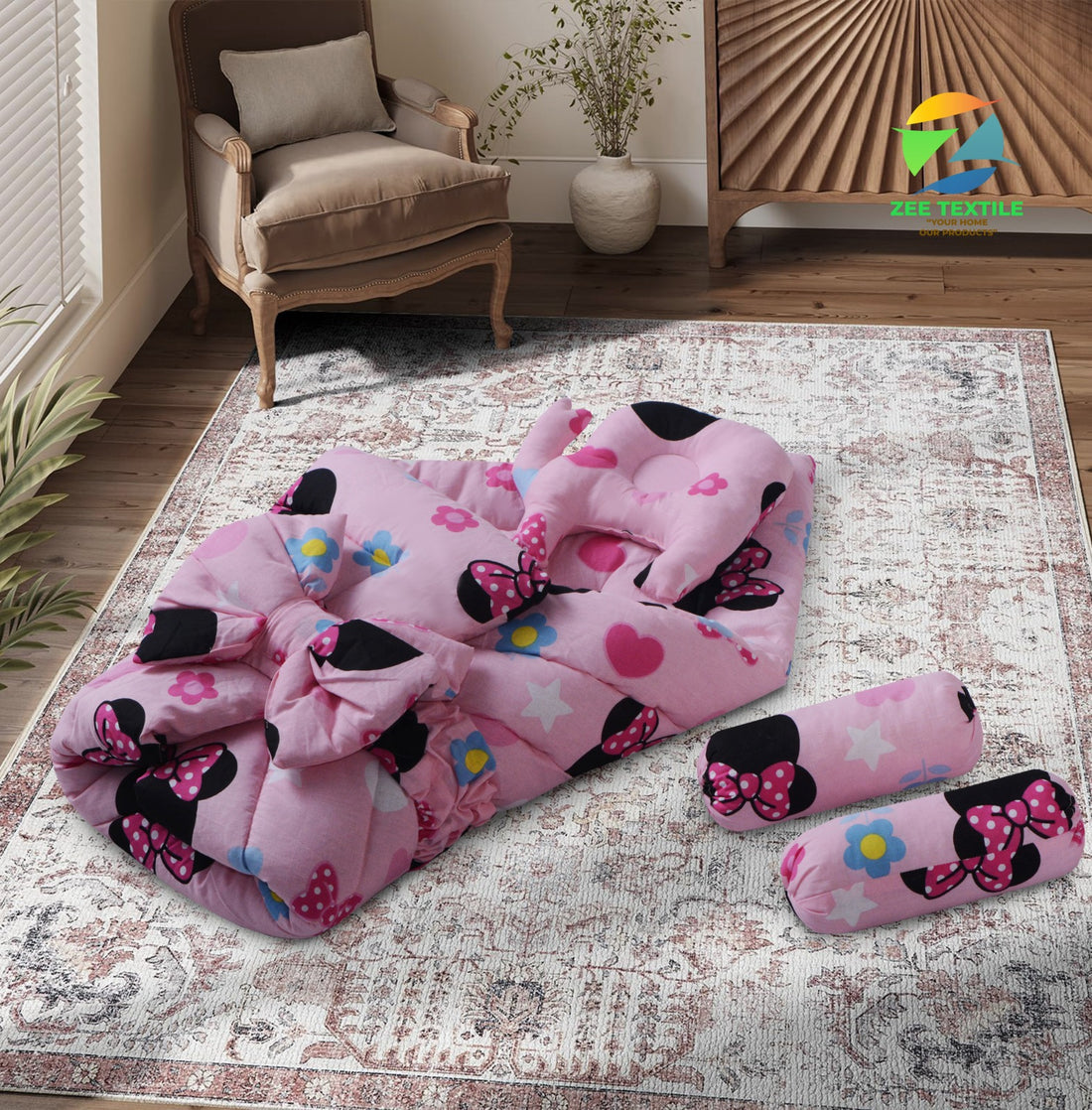 Printed Baby snuggle Bed Set-7 pcs with Mosquito Net-Pink