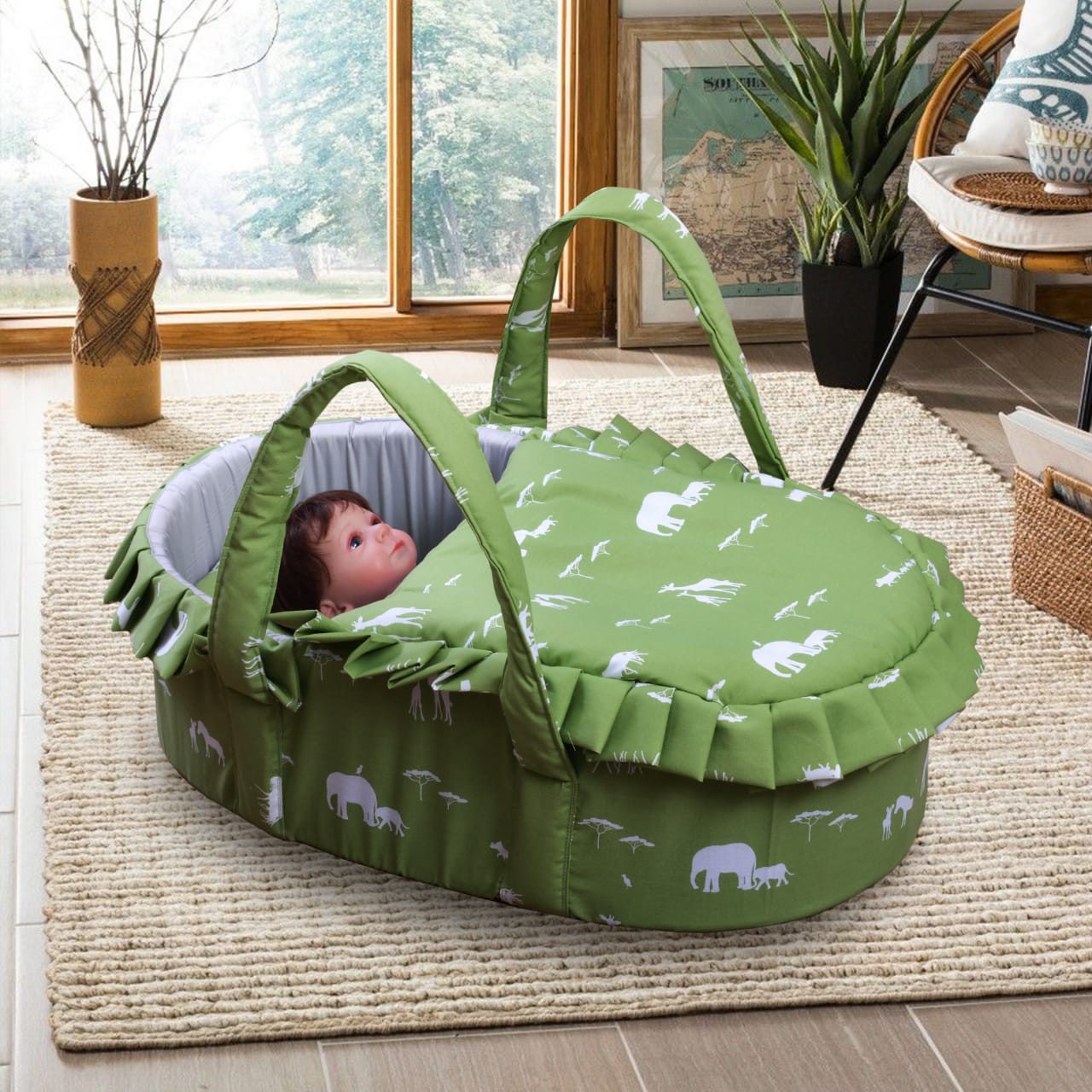 Printed Cotton Baby  Basket with Head Pillow-Green