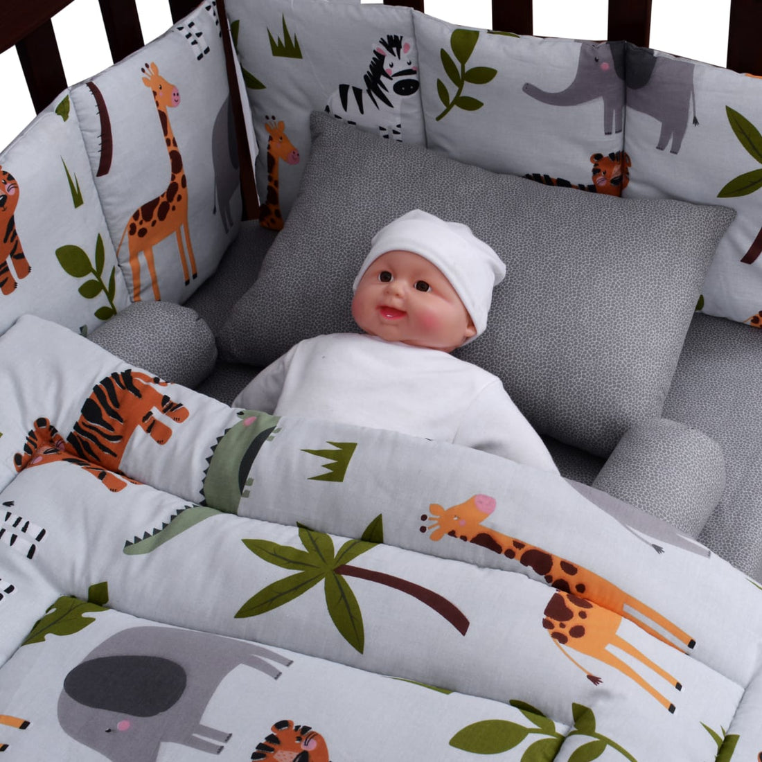 Printed Cotton Baby Cot Set-9 pcs-Gray Jungle