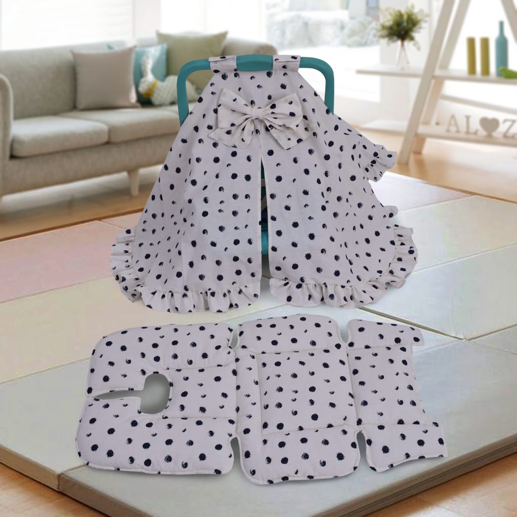 Cotton Stroller Cover and Cushion Set- White Bugs