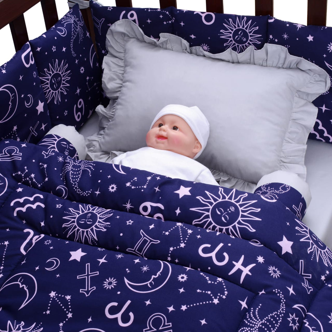 Sunshine Printed Baby Cot Set-9 pcs- Blue & Gray